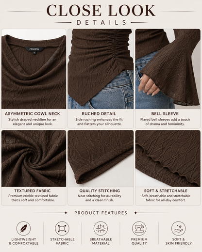 Chocolate Brown Textured Cowl Neck Flare Sleeve Top