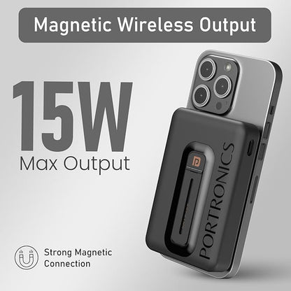 Portronics Revvo 15W Magsafe Wireless Powerbank 10000mAh Fast Charging Powerbank,Detachable Type C Cable,Mobile Stand,Type C Input/Output PD Port,iPhone 12 & Above,Android & Qi Enabled Devices(Black)