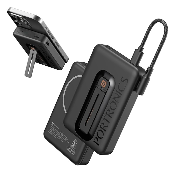 Portronics Revvo 15W Magsafe Wireless Powerbank 10000mAh Fast Charging Powerbank,Detachable Type C Cable,Mobile Stand,Type C Input/Output PD Port,iPhone 12 & Above,Android & Qi Enabled Devices(Black)