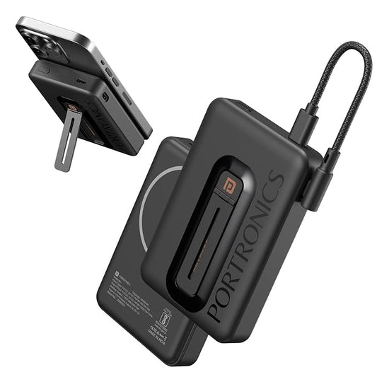 Portronics Revvo 15W Magsafe Wireless Powerbank 10000mAh Fast Charging Powerbank,Detachable Type C Cable,Mobile Stand,Type C Input/Output PD Port,iPhone 12 & Above,Android & Qi Enabled Devices(Black)