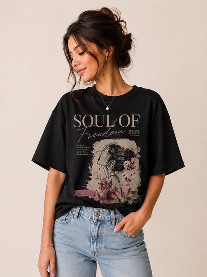 Soul of Freedom Black Oversized Graphic Printed T-Shirt for Women