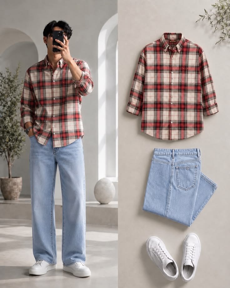 Men's Casual Plaid Shirt Combo with Light Blue Denim Jeans & White Sneakers – Smart Everyday Outfit Set