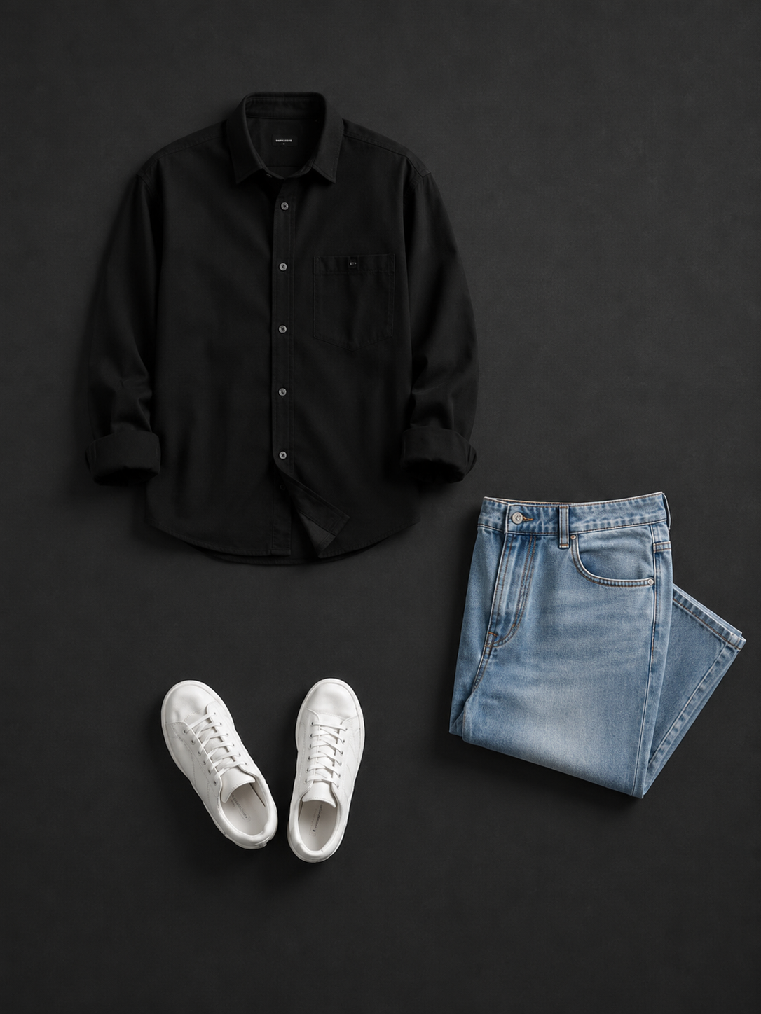 Men's Classic Black Shirt Combo with Light Blue Denim Jeans & White Sneakers – Casual Smart Outfit Set