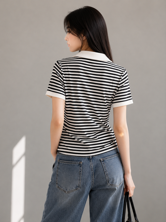 Black & White Striped Polo T-Shirt for Women
