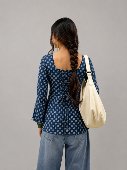 Women’s Blue Printed Kurti | Elegant Polka Print Casual & College Wear