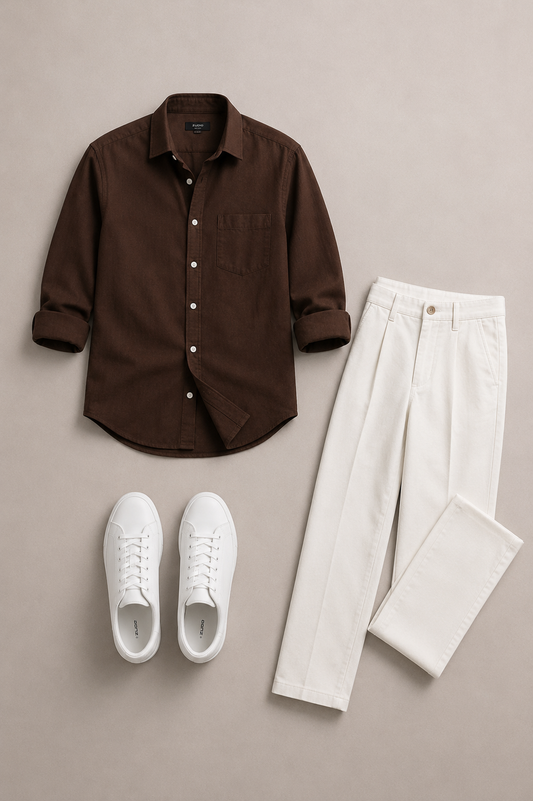 Men's Chocolate Brown Casual Shirt Combo with Off-White Trousers & White Sneakers – Premium Smart Casual Outfit Set
