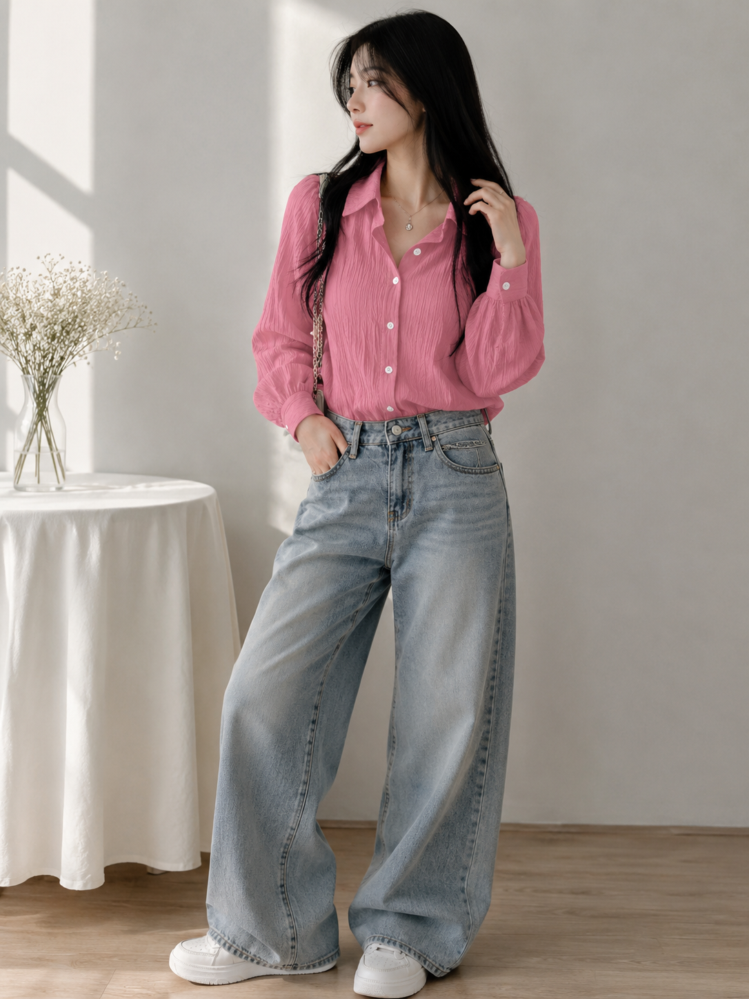 Pink Textured Puff Sleeve Shirt for Women