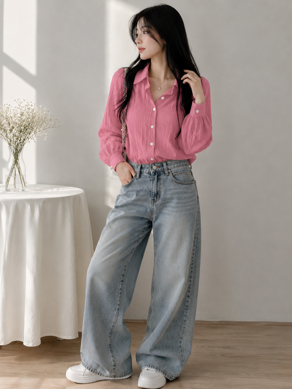 Pink Textured Puff Sleeve Shirt for Women