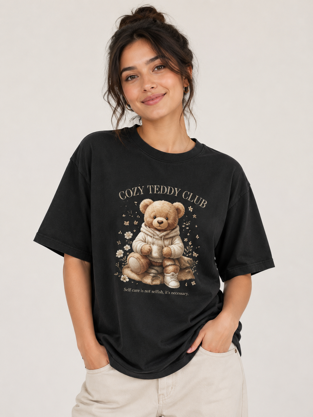Cozy Teddy Club Oversized Graphic Printed T-Shirt – Black