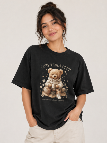 Cozy Teddy Club Oversized Graphic Printed T-Shirt – Black