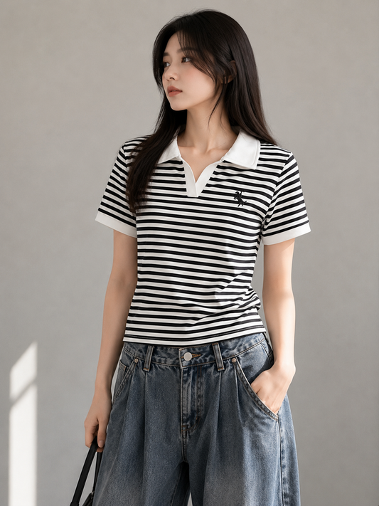 Black & White Striped Polo T-Shirt for Women