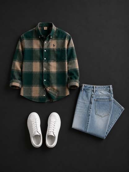 Men's Green Plaid Shirt Combo with Light Blue Denim Jeans & White Sneakers – Casual Everyday Outfit Set