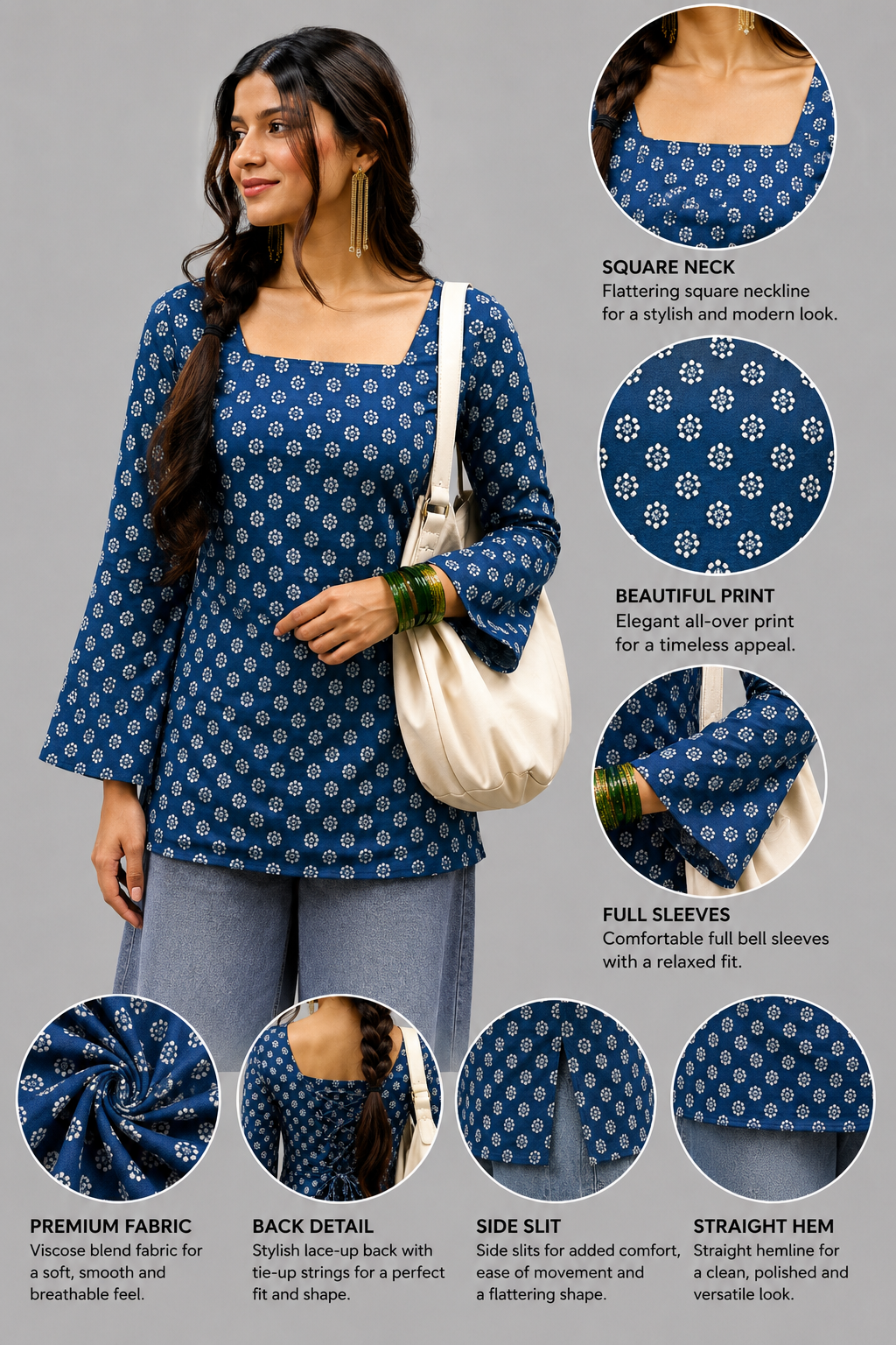 Women’s Blue Printed Kurti | Elegant Polka Print Casual & College Wear