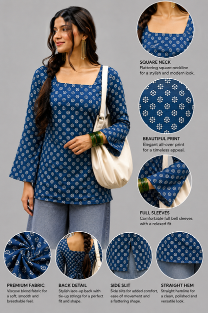 Women’s Blue Printed Kurti | Elegant Polka Print Casual & College Wear