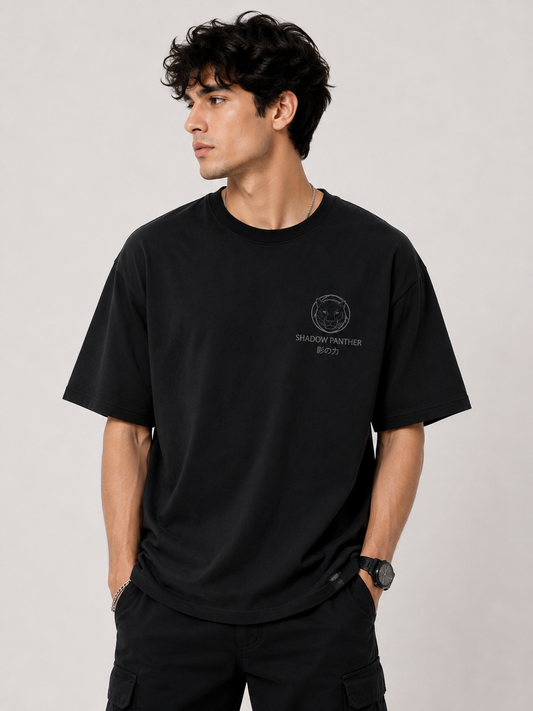 Shadow Panther Black Oversized Graphic Printed T-Shirt for Men
