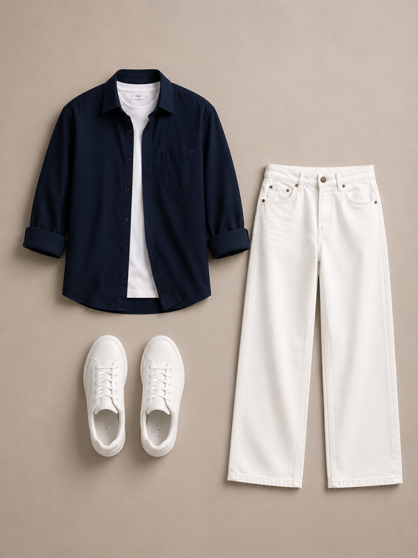Men's Navy Casual Shirt Combo with White T-Shirt, White Wide-Leg Jeans & White Sneakers – Premium Smart Casual Outfit Set