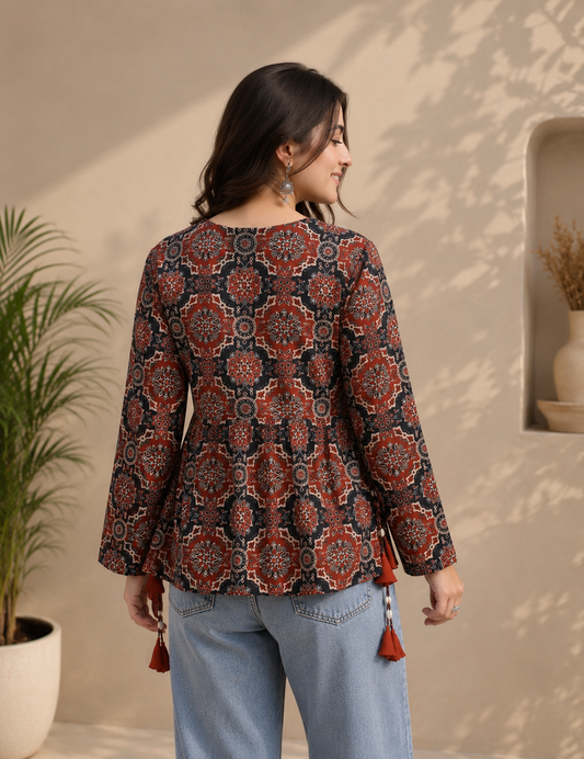 Women’s Printed Peplum Kurti with Side Tassels