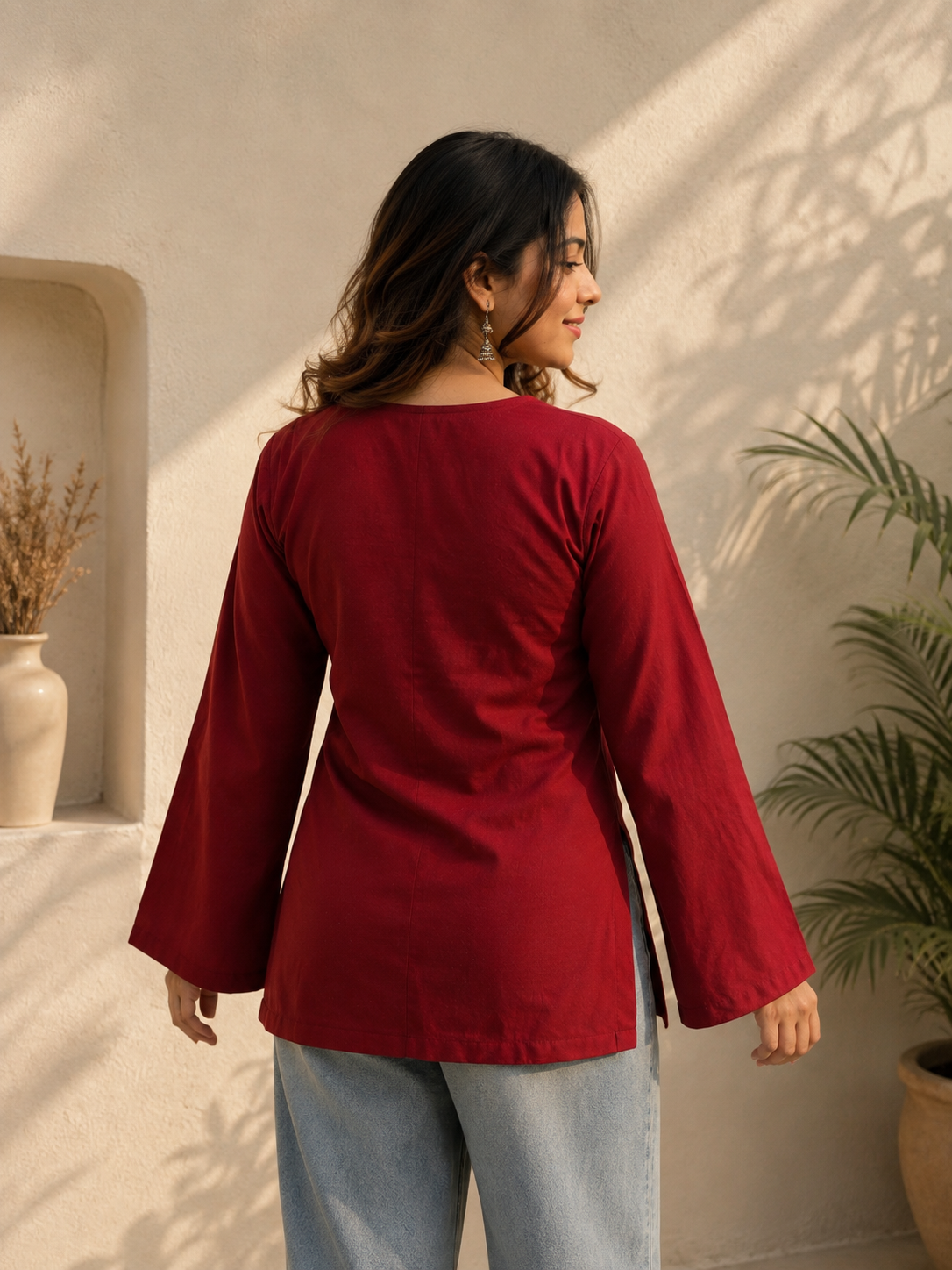 Women’s Maroon V-Neck Bell Sleeve Casual Kurti