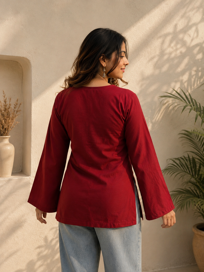 Women’s Maroon V-Neck Bell Sleeve Casual Kurti