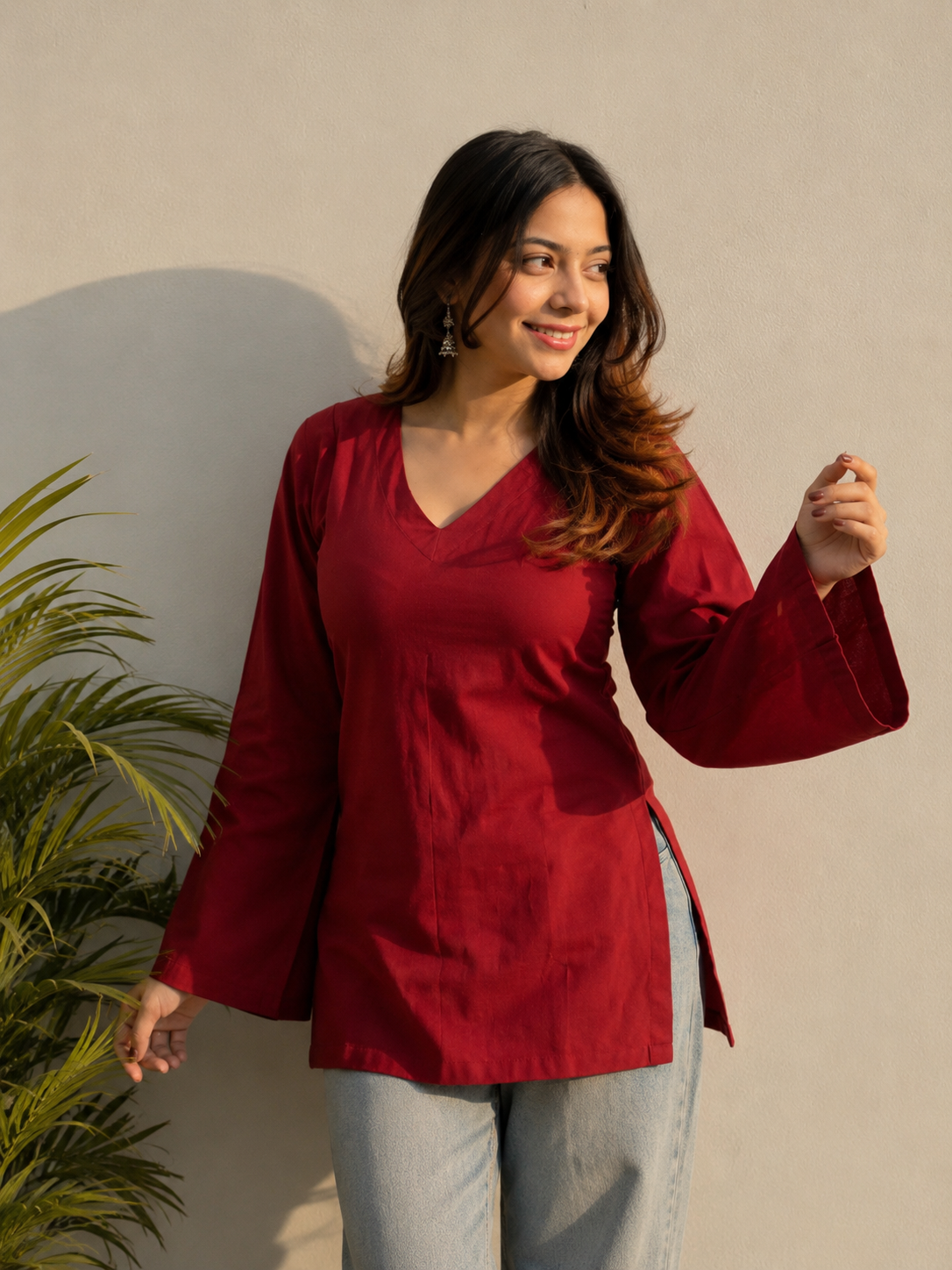Women’s Maroon V-Neck Bell Sleeve Casual Kurti