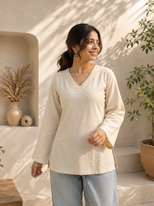 Women’s Cream V-Neck Full Sleeve Casual Kurti