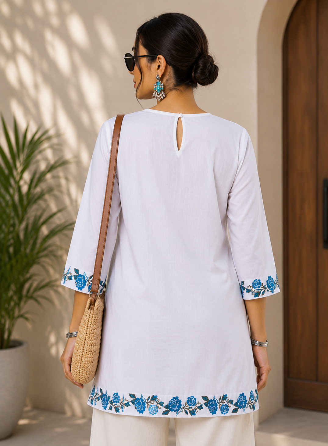White Floral Border Pleated Front Kurti for Women