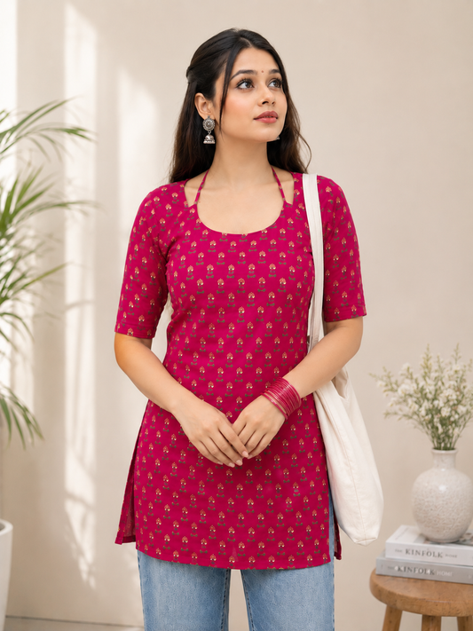 Pink Printed Lace-Up Back Kurti for Women
