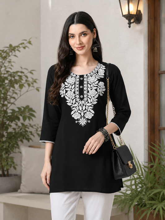 Black Embroidered Short Kurti for Women