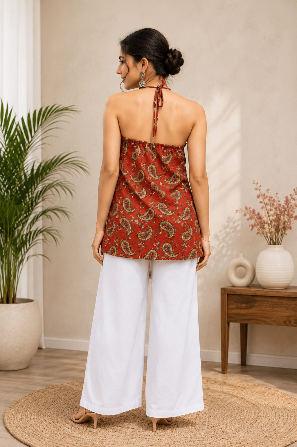 Red Paisley Printed Halter Neck Top for Women