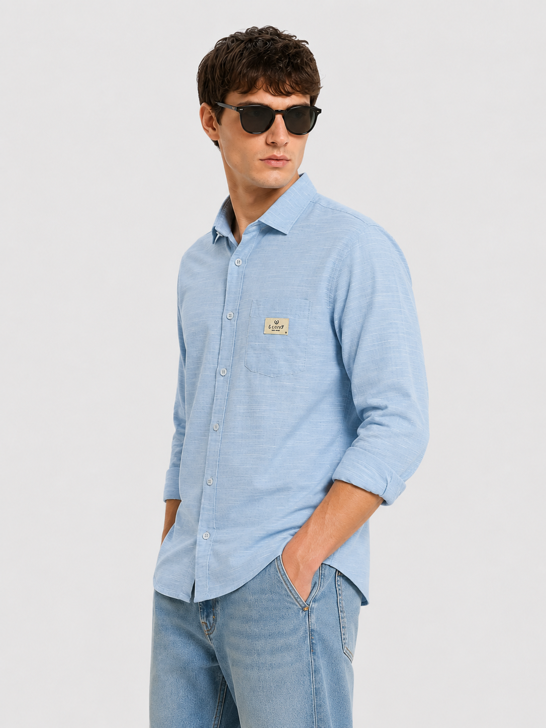 Premium Sky Blue Textured Casual Cotton Shirt