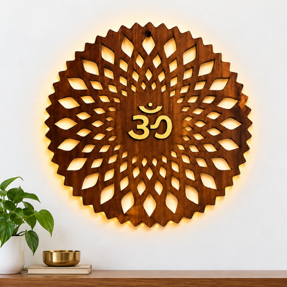 Om Mandala Wooden Wall Decor with Warm LED Backlight – 12 × 12 Inch