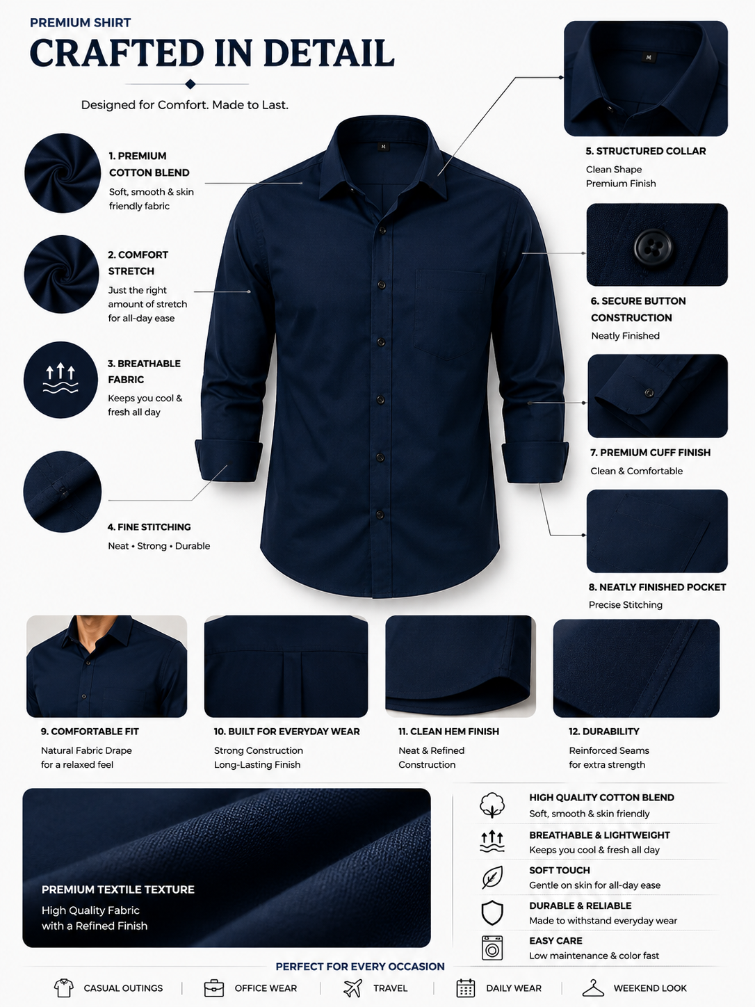 Premium Navy Blue Men's Formal Casual Shirt