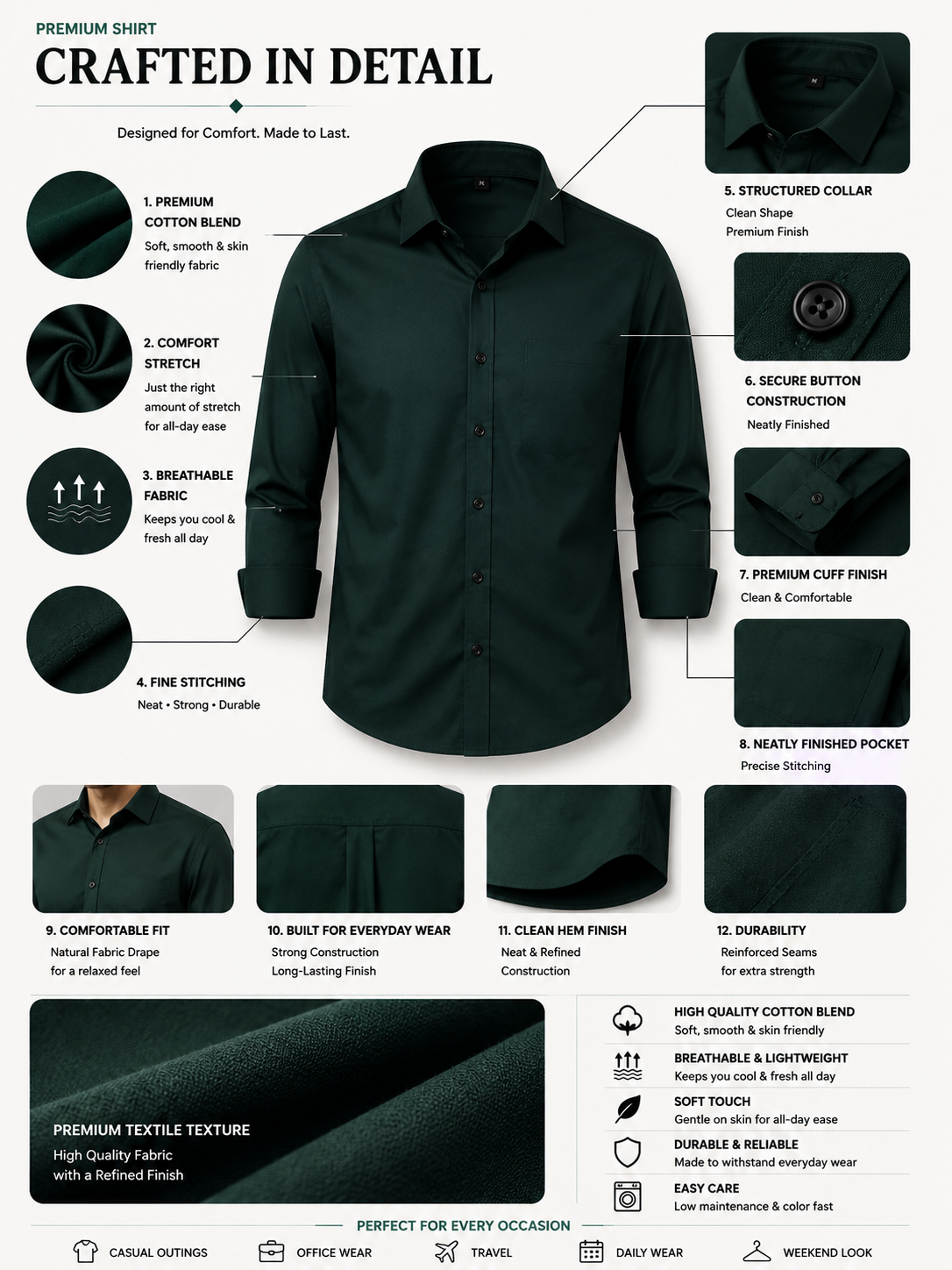 Premium Dark Green Men's Slim Fit Shirt