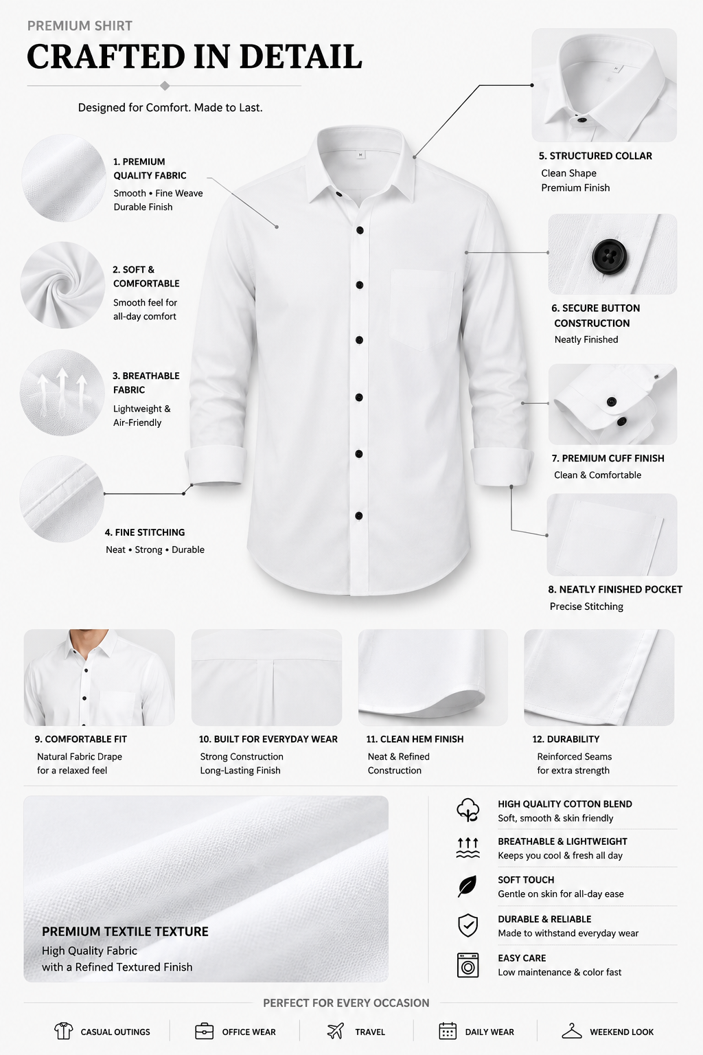 Premium White Men's Classic Casual Formal Shirt