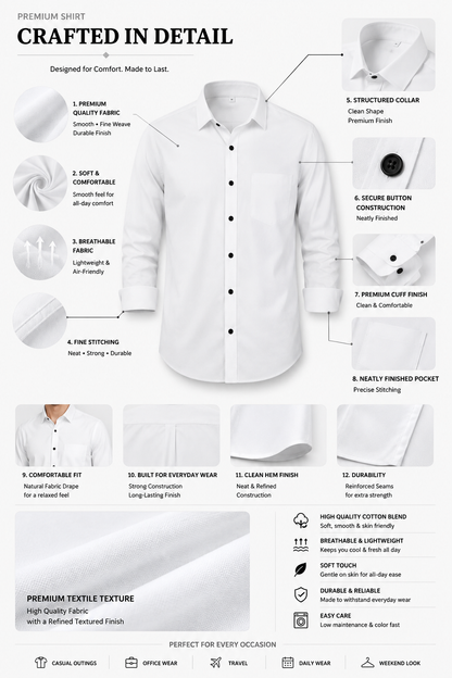 Premium White Men's Classic Casual Formal Shirt