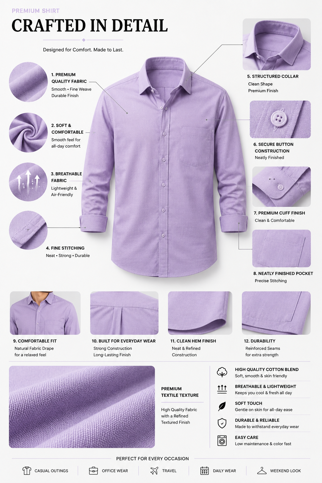 Premium Lavender Men's Slim Fit Formal Shirt