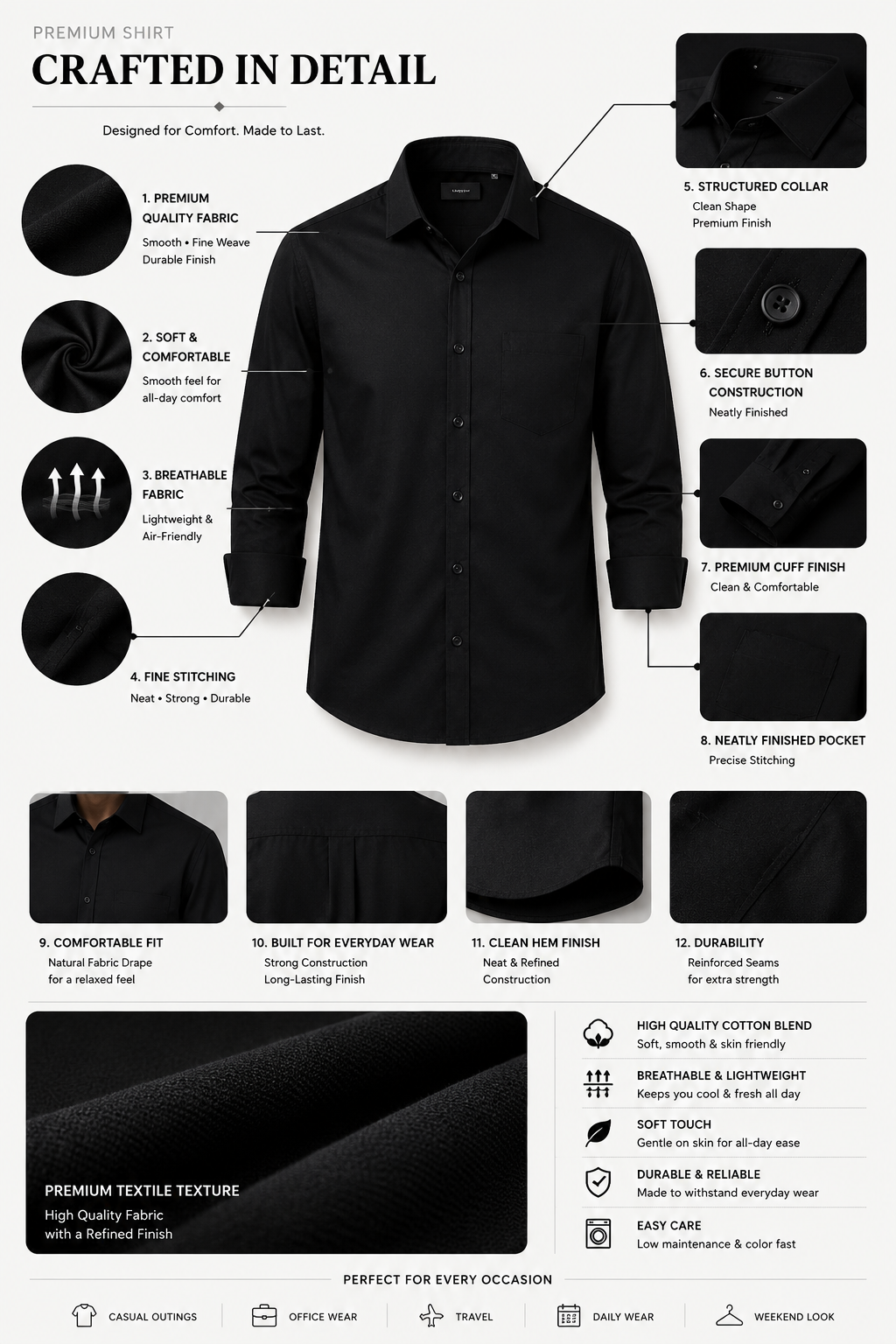 Premium Black Men's Slim Fit Formal Shirt