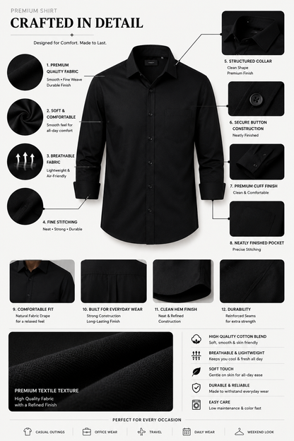 Premium Black Men's Slim Fit Formal Shirt