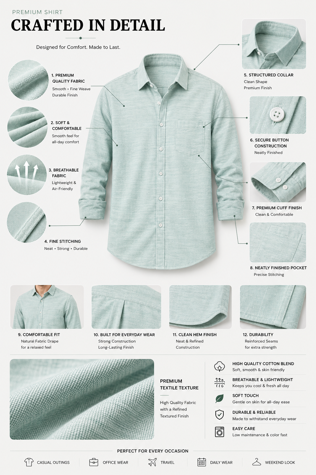 Premium Mint Green Textured Casual Linen Shirt