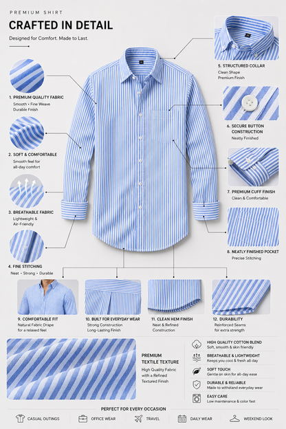 Premium Blue & White Striped Men's Casual Shirt