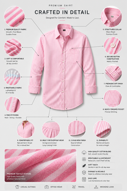 Premium Pink & White Striped Men's Casual Shirt