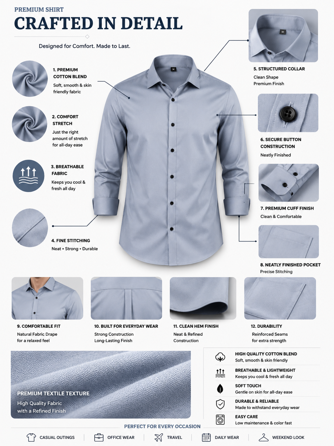 Premium Light Blue Men's Formal Casual Shirt