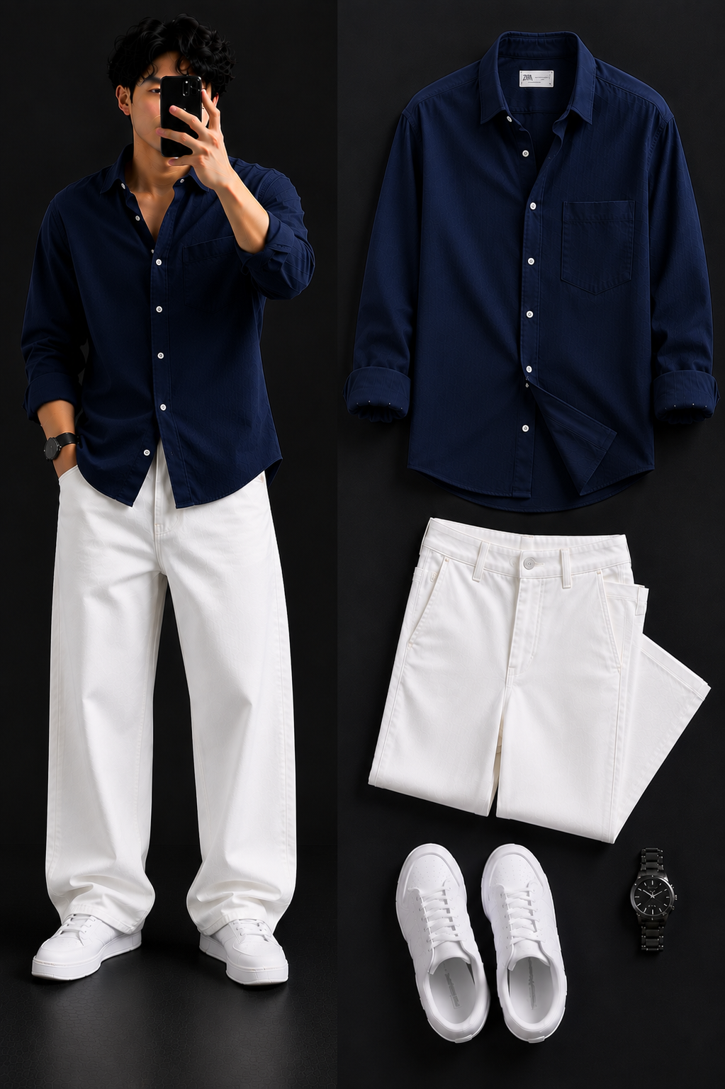 Men's Casual Shirt with White Loose Fit Pants – Trendy College Outfit Set