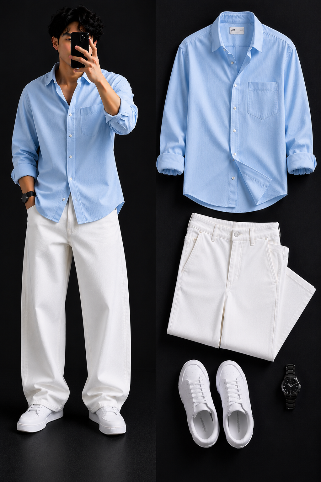 Men's Casual Shirt with White Loose Fit Pants – Trendy College Outfit Set