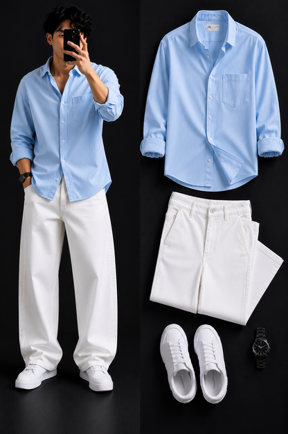Men's Casual Shirt with White Loose Fit Pants – Trendy College Outfit Set