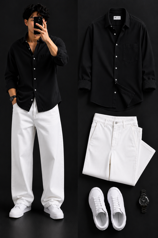 Men's Casual Shirt with White Loose Fit Pants – Trendy College Outfit Set