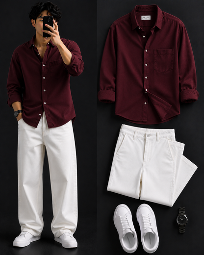 Men's Casual Shirt with White Loose Fit Pants – Trendy College Outfit Set