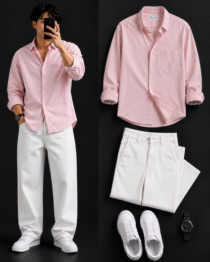 Men's Casual Shirt with White Loose Fit Pants – Trendy College Outfit Set