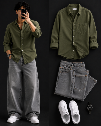 Men's Casual Shirt with Grey Baggy Jeans – Trendy College Outfit Set