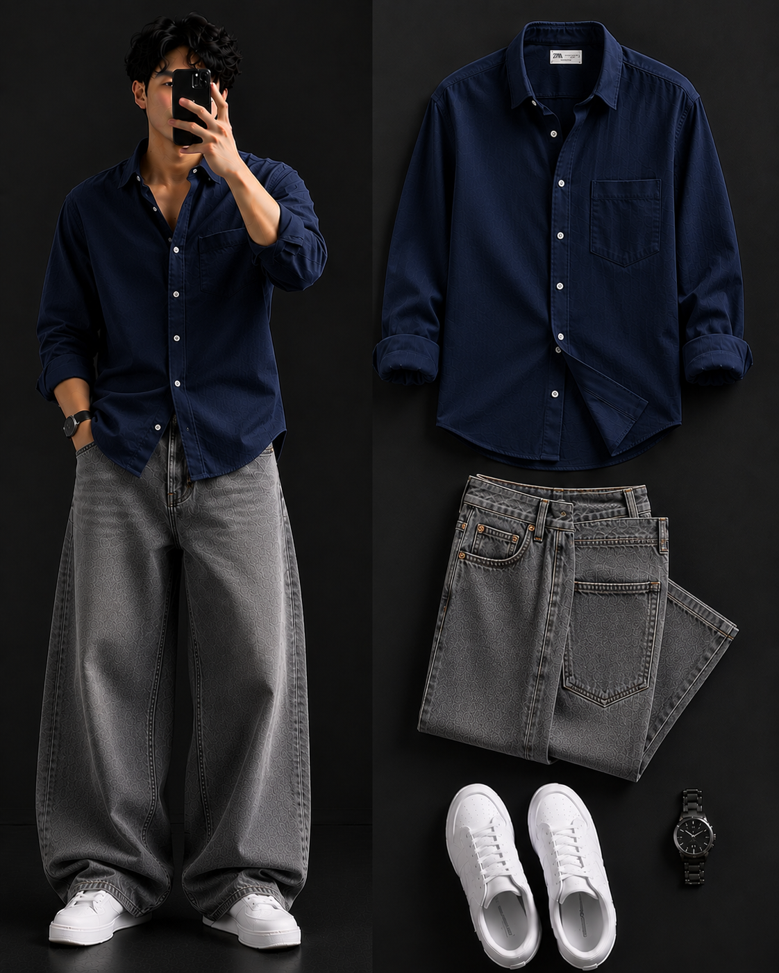 Men's Casual Shirt with Grey Baggy Jeans – Trendy College Outfit Set